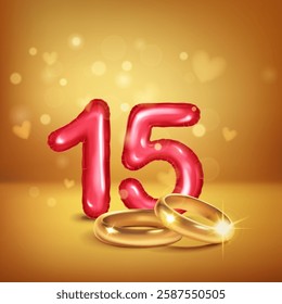 A red number 15 in the form of a balloons with two gold wedding rings, symbolizing the celebration of the fifteenth wedding anniversary, set on a  warm background with small hearts flying around.