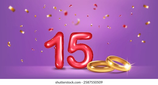 A red number 15 in the form of a balloons with two gold wedding rings, symbolizing the celebration of the fifteenth wedding anniversary, surrounded by colorful confetti, on warm purple background.