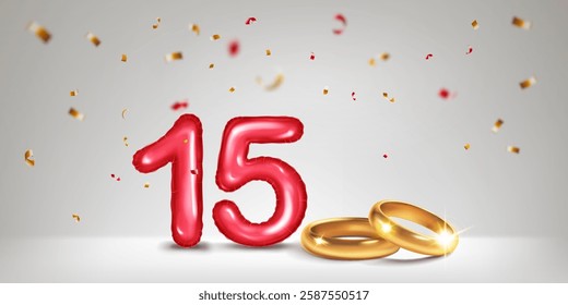 A red number 15 in the form of a balloons with two gold wedding rings, symbolizing the celebration of the fifteenth wedding anniversary and love, surrounded by colorful confetti, on light background.