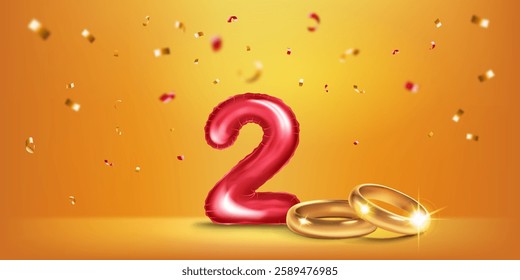 A red number 2 in the form of a balloon with two gold wedding rings, symbolizing the celebration of the second wedding anniversary, surrounded by colorful confetti, on warm yellow background.