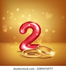 A red number 2 in the form of an inflatable balloon with two gold wedding rings, symbolizing the celebration of the second wedding anniversary, set on warm background with small hearts flying around.