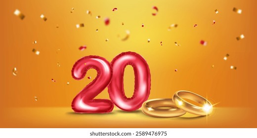 A red number 20 in the form of a balloons with two gold wedding rings, symbolizing the celebration of the twentieth wedding anniversary, surrounded by colorful confetti, on warm yellow background.