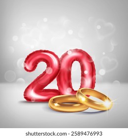 A red number 20 in the form of a balloons with two gold wedding rings, symbolizing the celebration of the twentieth wedding anniversary, on a light background with small hearts flying around.