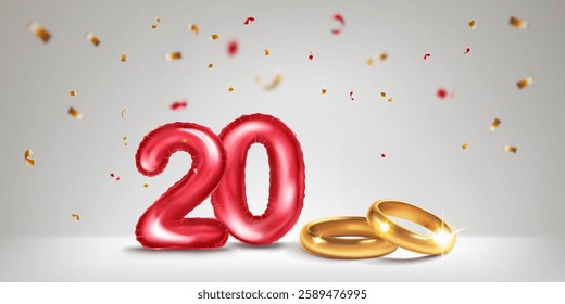 A red number 20 in the form of a balloons with two gold wedding rings, symbolizing the celebration of the twentieth wedding anniversary, surrounded by colorful confetti, on light background.