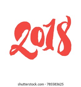 Red number 2018 hand drawn lettering on white background. Vector. Brush pen style.