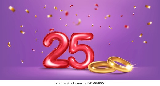 A red number 25 in the form of a balloons with two gold wedding rings, symbolizing the celebration of the  twenty-fifth wedding anniversary, surrounded by colorful confetti, on warm purple background.