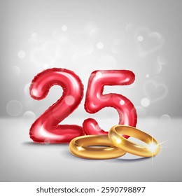 A red number 25 in the form of a balloons with two gold wedding rings, symbolizing the celebration of the  twenty-fifth wedding anniversary, on a light background with small hearts flying around.