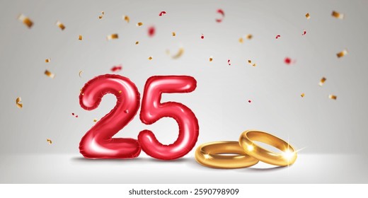 A red number 25 in the form of a balloons with two gold wedding rings, symbolizing the celebration of the twenty-fifth wedding anniversary, surrounded by colorful confetti, on light background.