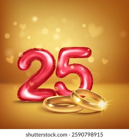 A red number 25 in the form of an inflatable balloons with two gold wedding rings, symbolizing celebration of twenty-fifth wedding anniversary, set on warm background with small hearts flying around.