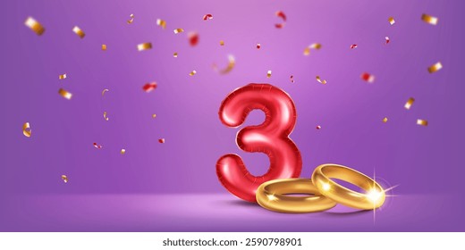 A red number 3 in the form of a balloon with two gold wedding rings, symbolizing the celebration of the third wedding anniversary, surrounded by colorful confetti, on warm purple background.