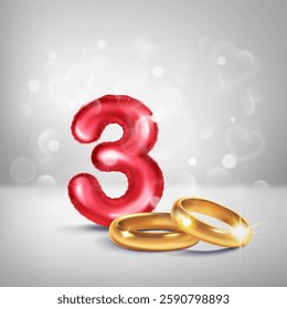 A red number 3 in the form of an inflatable balloon with two gold wedding rings, symbolizing the celebration of the third wedding anniversary, on a light background with small hearts flying around.