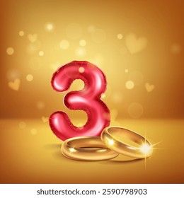 A red number 3 in the form of an inflatable balloon with two gold wedding rings, symbolizing the celebration of the third wedding anniversary, set on warm background with small hearts flying around.