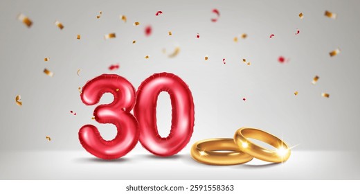 A red number 30 in the form of a balloons with two gold wedding rings, symbolizing the celebration of the thirtieth wedding anniversary, surrounded by colorful confetti, on light background.