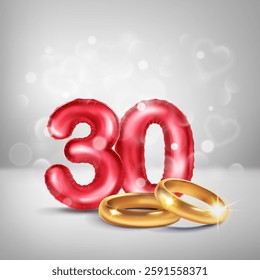 A red number 30 in the form of a balloons with two gold wedding rings, symbolizing the celebration of the thirtieth wedding anniversary, on a light background with small hearts flying around.