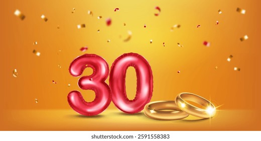 A red number 30 in the form of a balloons with two gold wedding rings, symbolizing the celebration of the thirtieth wedding anniversary, surrounded by colorful confetti, on warm yellow background.