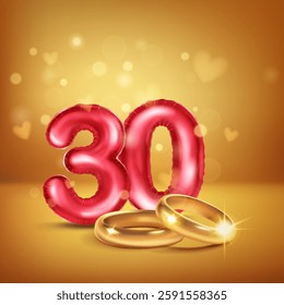 A red number 30 in the form of an inflatable balloons with gold wedding rings, symbolizing the celebration of the thirtieth wedding anniversary, set on warm background with small hearts flying around.