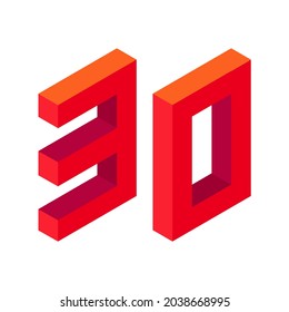 El rojo número 30 en estilo isométrico. Aislado sobre fondo blanco. Números de aprendizaje, número de serie, precio, lugar. Ilustración del vector