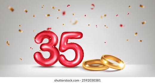 A red number 35 in the form of a balloons with two gold wedding rings, symbolizing the celebration of the thirty-fifth wedding anniversary, surrounded by colorful confetti, on light background.