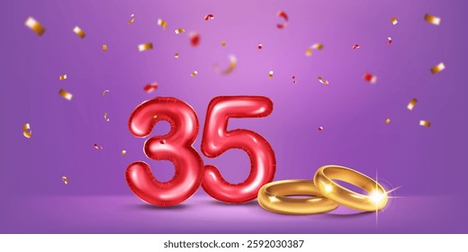 A red number 35 in the form of a balloons with two gold wedding rings, symbolizing the celebration of the thirty-fifth wedding anniversary, surrounded by colorful confetti, on warm purple background.