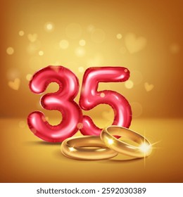 A red number 35 in the form of an inflatable balloons with two gold wedding rings, symbolizing celebration of thirty-fifth wedding anniversary, set on warm background with small hearts flying around.