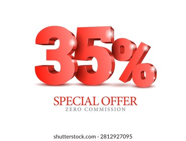 Red number 35 percent. thirty five number in red, 3d. Poster template for discount, sale discount, work progress. Vector illustration