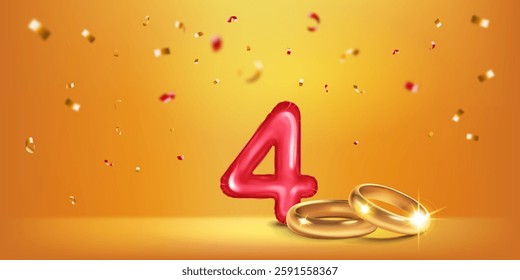 A red number 4 in the form of a balloon with two gold wedding rings, symbolizing the celebration of the fourth wedding anniversary, surrounded by colorful confetti, on warm yellow background.