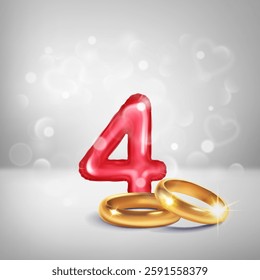 A red number 4 in the form of an inflatable balloon with two gold wedding rings, symbolizing the celebration of the fourth wedding anniversary, on a light background with small hearts flying around.