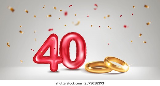 A red number 40 in the form of a balloons with two gold wedding rings, symbolizing the celebration of the fortieth wedding anniversary, surrounded by colorful confetti, on light background.