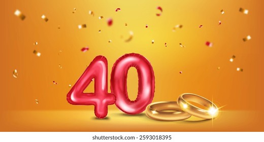 A red number 40 in the form of a balloons with two gold wedding rings, symbolizing the celebration of the fortieth wedding anniversary, surrounded by colorful confetti, on warm yellow background.