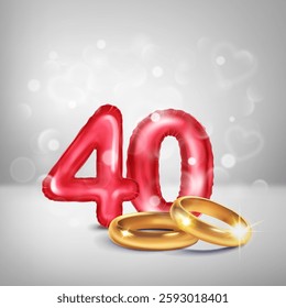 A red number 40 in the form of a balloons with two gold wedding rings, symbolizing the celebration of the fortieth wedding anniversary, on a light background with small hearts flying around.