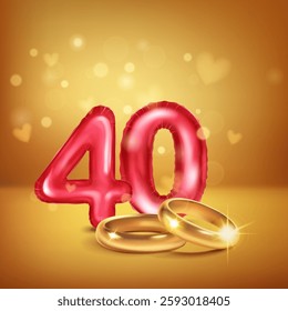 A red number 40 in the form of an inflatable balloons with gold wedding rings, symbolizing the celebration of the fortieth wedding anniversary, set on warm background with small hearts flying around.