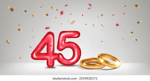 A red number 45 in the form of a balloons with two gold wedding rings, symbolizing the celebration of the forty-fifth wedding anniversary, surrounded by colorful confetti, on light background.