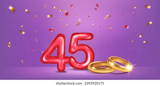 A red number 45 in the form of a balloons with two gold wedding rings, symbolizing the celebration of the forty-fifth wedding anniversary, surrounded by colorful confetti, on warm purple background.