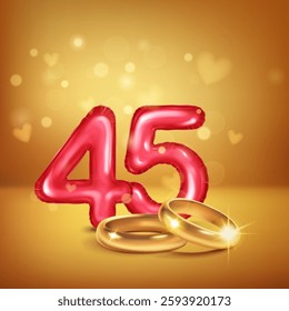 A red number 45 in the form of an inflatable balloons with two gold wedding rings, symbolizing celebration of forty-fifth wedding anniversary, set on warm background with small hearts flying around.