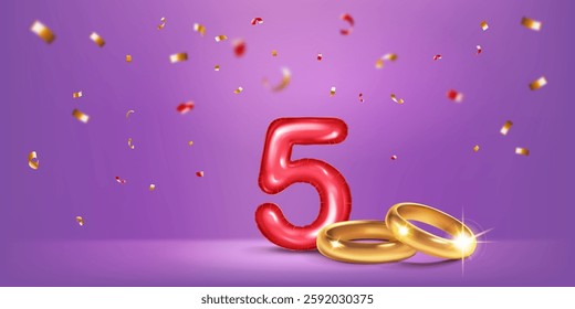 A red number 5 in the form of a balloon with two gold wedding rings, symbolizing the celebration of the fifth wedding anniversary, surrounded by colorful confetti, on warm purple background.