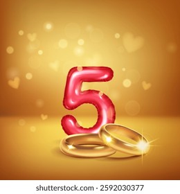 A red number 5 in the form of an inflatable balloon with two gold wedding rings, symbolizing the celebration of the fifth wedding anniversary, set on warm background with small hearts flying around.