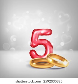 A red number 5 in the form of an inflatable balloon with two gold wedding rings, symbolizing the celebration of the fifth wedding anniversary, on a light background with small hearts flying around.