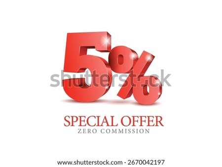 Red number 5 percent. Five number in red, 3d. Poster template for discount, sale discount, work progress. Vector illustration
