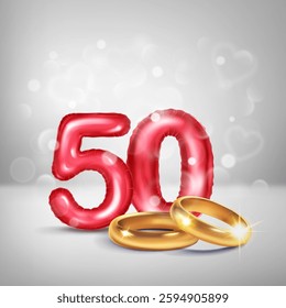 A red number 50 in the form of a balloons with two gold wedding rings, symbolizing the celebration of the fiftieth wedding anniversary, on a light background with small hearts flying around.