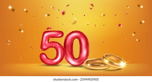 A red number 50 in the form of a balloons with two gold wedding rings, symbolizing the celebration of the fiftieth wedding anniversary, surrounded by colorful confetti, on warm yellow background. - Powered by Shutterstock - Get 15% off with code: PIKWIZARD15