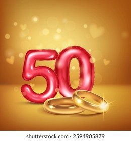 A red number 50 in the form of an inflatable balloons with two gold wedding rings, symbolizing celebration of the fiftieth wedding anniversary, set on warm background with small hearts flying around.