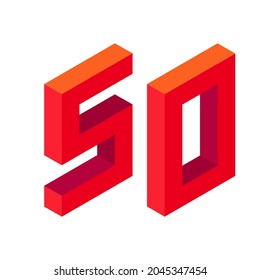 Red number 50 in isometric style. Isolated on white background. Learning numbers, serial number, price, place. Vector illustration