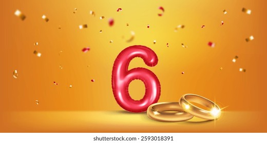 A red number 6 in the form of a balloon with two gold wedding rings, symbolizing the celebration of the sixth wedding anniversary, surrounded by colorful confetti, on warm yellow background.