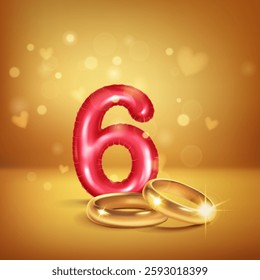 A red number 6 in the form of an inflatable balloon with two gold wedding rings, symbolizing the celebration of the sixth wedding anniversary, set on warm background with small hearts flying around.