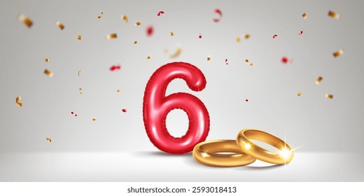 A red number 6 in the form of an inflatable balloon with two gold wedding rings, symbolizing the celebration of the sixth wedding anniversary, surrounded by colorful confetti, on light background.