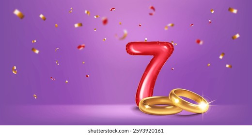 A red number 7 in the form of a balloon with two gold wedding rings, symbolizing the celebration of the seventh wedding anniversary, surrounded by colorful confetti, on warm purple background.