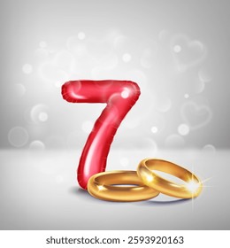 A red number 7 in the form of an inflatable balloon with two gold wedding rings, symbolizing the celebration of the seventh wedding anniversary, on a light background with small hearts flying around.