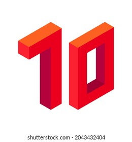Red number 70 in isometric style. Isolated on white background. Learning numbers, serial number, price, place. Vector illustration