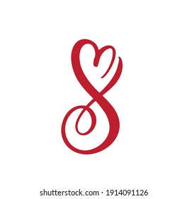 Red Number 8 eight logo of March. For congratulation calligraphy text. Lettering for Womans Day. Can use for greeting card, poster or banner. illustration Isolated on background.