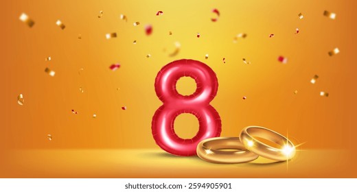 A red number 8 in the form of a balloon with two gold wedding rings, symbolizing the celebration of the eighth wedding anniversary, surrounded by colorful confetti, on warm yellow background.